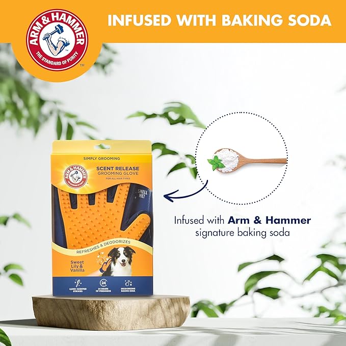 Arm & Hammer Deodorizing Dog Grooming Glove, Fragrance Transfer Technology with Baking Soda, Deshedding Glove for Bathing & Dry Grooming, Pet Hair Removal, Sweet Lily & Vanilla Scent