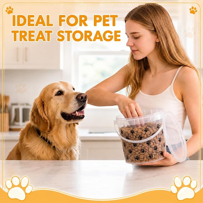 6 Pack 64 oz Clear Dog Snack Container with Handle Plastic | Paw themed Print, Round, Anti Drop, Stackable Storage Buckets with Lid, Pet Food Bins for Dog Kibble, Cat Snacks, Pantry