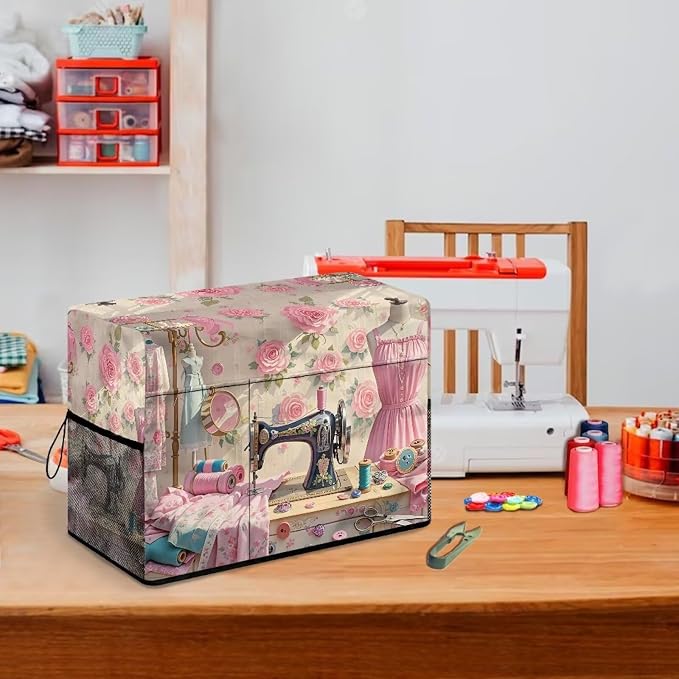 Sewing Element Sewing Machine Cover with Storage Pockets,Dust & Pet Hair Protection,Fits Standard Singer, Brother and Janome Machines, Protecting & Decorating Your Sewing Space (Pink)
