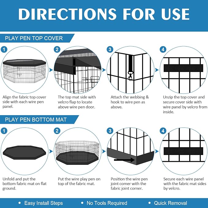 Peekaboo Dog Playpen 24" H 8-Panel with Octagonal Top Cover & Bottom Pad | 24-inch black 8-panel rustproof metal dog playpen with built-in door, foldable design, top cover and waterproof bottom pad.