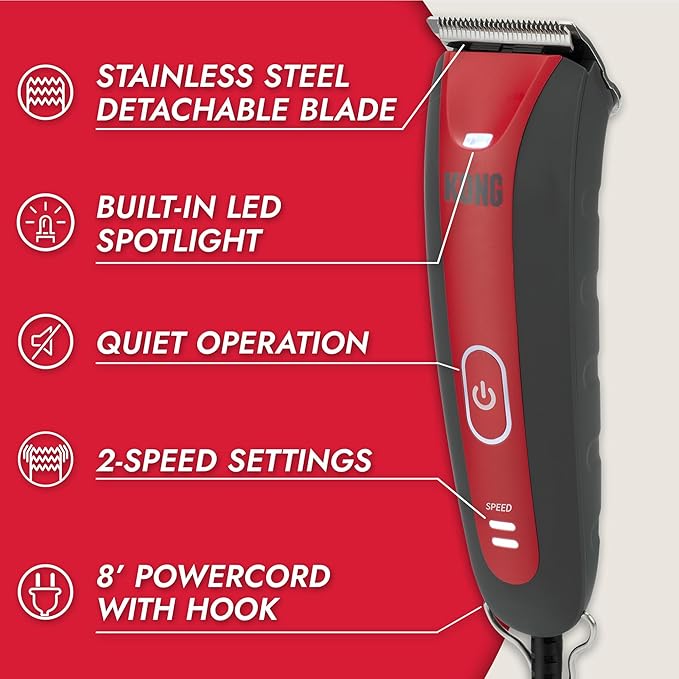 Kong 2-Speed Dog Clipper Grooming Kit – Stainless Steel Blade, Waterproof, LED Spotlight, 6 Guide Combs, 8-Foot Cord, Ergonomic Handle – Red/Gray, Medium Coat Types