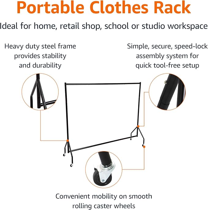 Amazon Basics Heavy Duty Portable Rolling Garment Rack, Hanging Clothes Organizer Rail for Display and Storage, Easy to Assemble, 72 x 60 inches, Black