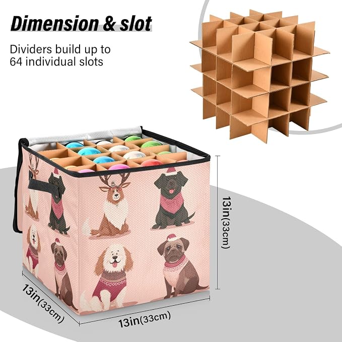OTVEE Christmas Ornament Storage Box Holiday Decoration Organizer Stores upto 64 Holiday Ornaments Adjustable Dividers Tear-Proof Fabric Festive Pet Art