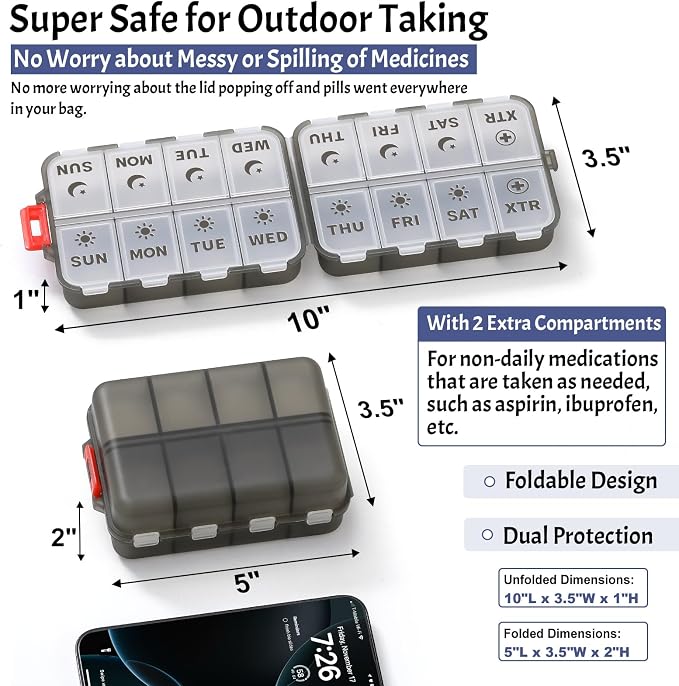 Foldable Weekly Pill Organizer 2 Times a Day with 2 Extra Compartments - Etched Label - Portable 7 Day AM PM Medicine Box, Week Daily Travel Pill Case Holder for Meds, Vitamin, Supplement, Clear Black