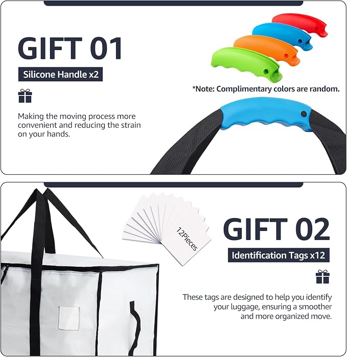 Moving Bags Heavy Duty Extra Large, Moving Boxes, Moving Supplies Essentials, Blue Storage Bins with Lids, Plastic Packing Totes, Storage Bags for Clothes with Handles & Zippers(White, 12 Pack)