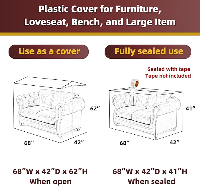 Yotelab Plastic Loveseat Cover for Moving and Storage, 68Wx42Dx62H/41H Inch | Open, No Seal, Clear Moving Bags for Loveseat, Bench, Sofa, or Other Bulky Furniture