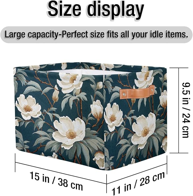White Rose Leaves Rectangular Storage Bin Collapsible Storage Basket Organizer Boxes with Leather Handle Storage Cube for Shelves Toy Laundry Nursery 1 PC