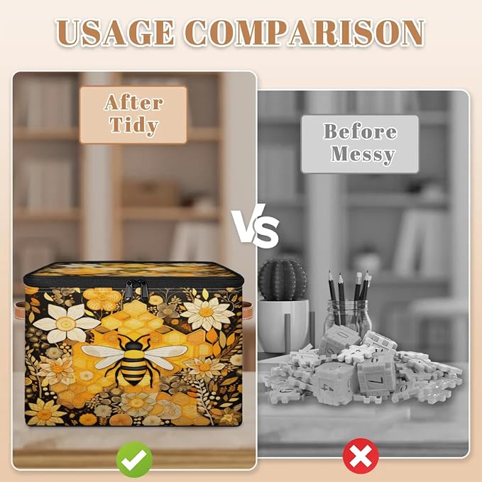 Storage Bins Honey Bee Storage Basket with Zipper Lid & Handle Foldable Storage Box Storage Cube Bin Clothes Organizer for Closet, Bedroom