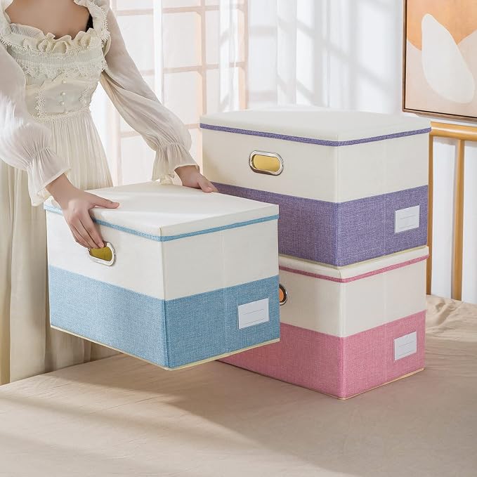 Large Foldable Storage Bins with Lids [3-Pack] linen Fabric Decorative Storage Boxes Organizer Containers Baskets Cube with Handles Divider for Bedroom Closet Purple&Cream(17.7x11.8x11.8)