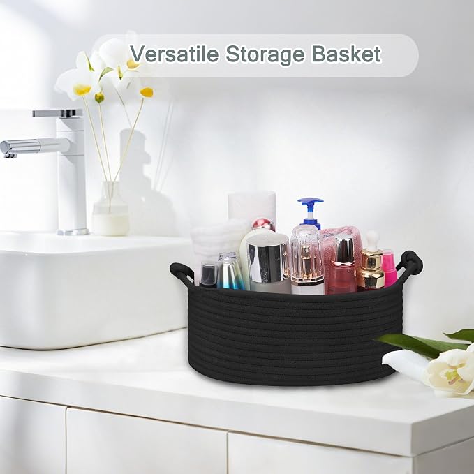 COMSE Small Gift Basket Empty with Bag & Ribbons, Solid Black | Cotton Rope, 12"x 8"x 5", Pet Toy Storage Organizer, Woven Basket for Birthdays, Baby Showers, Mother’s Day, Valentine’s Day