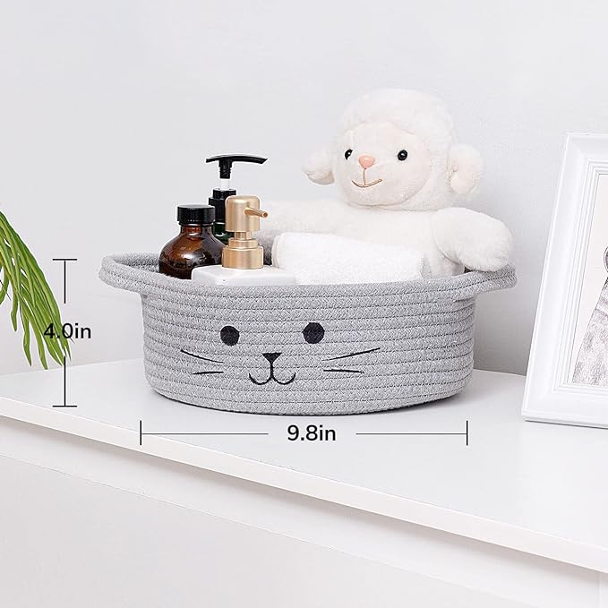 Small Woven Rope Cat Toy Basket with Cat Face Design, Grey | 9.8" x 4" Cute Toy Storage Bin for Living Room & Nursery, Pet Gift Basket Empty with Sturdy Handles