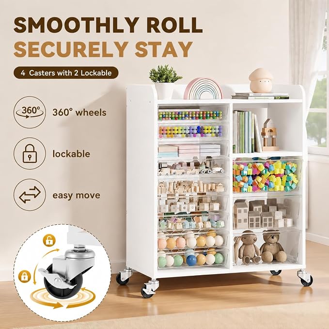 12-Drawer Storage Cabinet with Wooden Top and Open Shelf, White | Storage Furniture System with PET Clear Drawers, Lockable Wheels, for Craft Room, Makeup Vanity, Kids & Home Organization