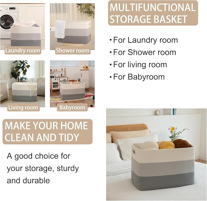 OIAHOMY Blanket Basket Laundry Basket Dog Toy Basket 108L Gradient Grey | Large Storage Basket,Baby Basket,Toy Storage,Woven Rope Basket for Blankets,Blanket Storage for Living Room