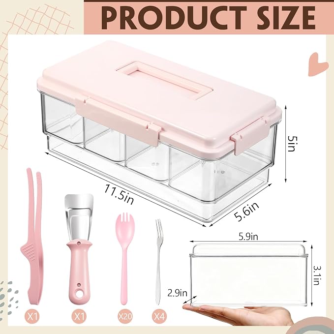 Chilled Condiment Caddy with Handle 4 Containers Taco Bar Serving set for a Party 1 Tong, 1 Ice Scraper, 4 Metal Forks, 20 Spoons for Mimosa Bar Supplies Accessories(Pink)