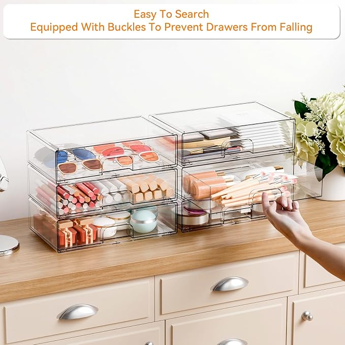 2 Pack Acrylic Drawer Organizer,12.2''W Clear Stackable Storage Drawers,Acrylic Boxes for Storage Makeup Palettes,Cosmetics,Pull Out Bathroom Storage Bins for Hair Products,Medicine Cabinet Organizer