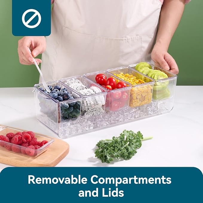 2 Pack Garnish Tray Chilled Condiment Server with 5 Small Containers | Ice Condiment Organizer and Removable Compartments, Clear Garnish Serving Platter for Kitchen, Fruit, Salad, Food