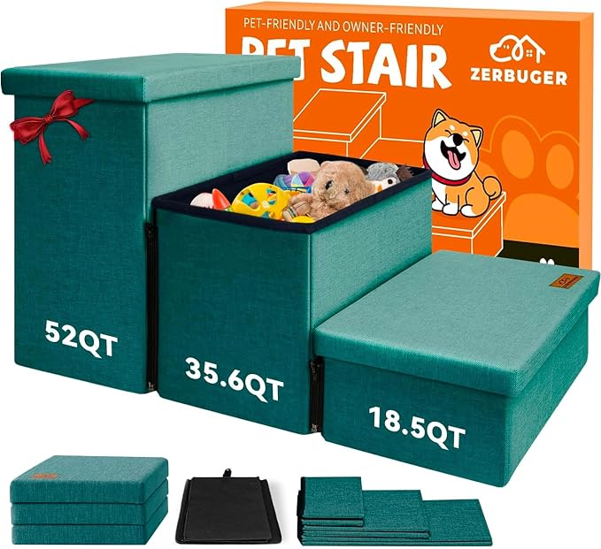 Zerbuger Dog Stairs with Storage, Dark Green 3 Steps Dog Ramp no Condo | 18" H Wider Dog Steps for High Beds Couch, Folding Storage Pet Stairs Gift for Climbing Small/Medium/Large Old Dogs Cats