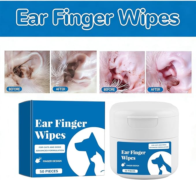 Dog Ear Cleaning Wipes, Super Convenient Finger Wipes for Dogs & Cats - Disposable Finger Cots for Ear Wax Removal & Moisturizing Pet Ear Care, 50ct