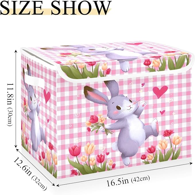 Rabbit Garden Fabric Storage Bins with Lid Closet Storage Basket 40L | Decorative Storage Boxes, Dust-Proof Flip Top, Reinforced Handles, For Home & Bedroom, Clothes & Toy Box, Rabbit Cute Print