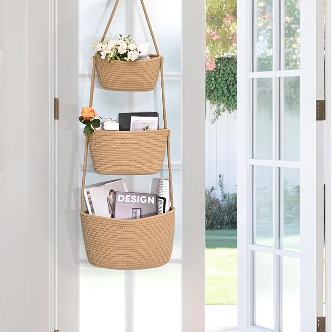 Hanging Basket, 3-Tier Woven Wall Basket with 4 Hooks, Cotton Rope Storage Baskets, Over the Door Organizer for Nursery, Bedroom, Cottage and Boho Wall Decor