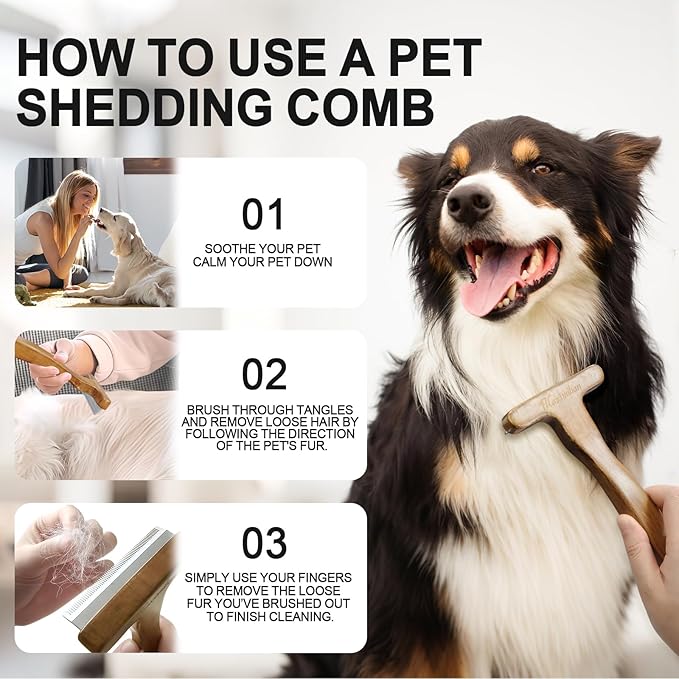 MaximiLian Medium Pet Deshedding Brush with Solid Wood Handle Deshedding Dog Brush for Shedding Pet Grooming Tool for Long&Short Haired Dogs and Cats Remove Loose Hair Mats Knots Tangles