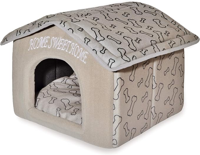Best Pet Supplies Cat Bed for Indoor Cat, Domed Tent House with Removable Pillow, Covered Cat Cave for Small Dog, Puppies and All Breeds of Cats - Light Brown w/ Bones, 16 x 16 x H:14"