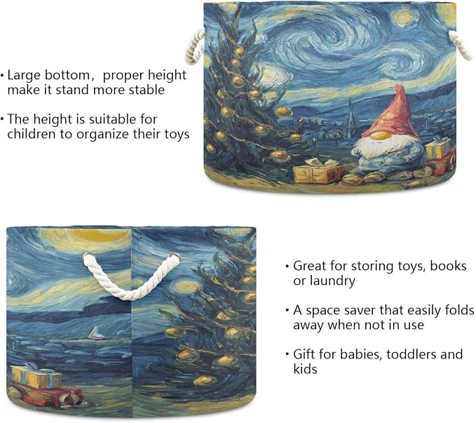 DOMIKING Large Storage Basket for Toys Gnomes Christmas Starry Blue Print Storage Bin Box Organizer Basket for Nursery Laundry Hamper Books Home Decor
