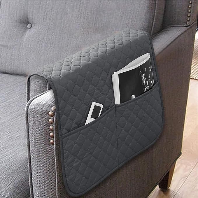 Armrest Covers Arm for Chairs Couch Sofa Armchair Slipcovers Recliner Organizer Non-Slip Chair Bedside Storage Caddy Holder 2 Pockets Magazines Waterproof(Dark Gray)