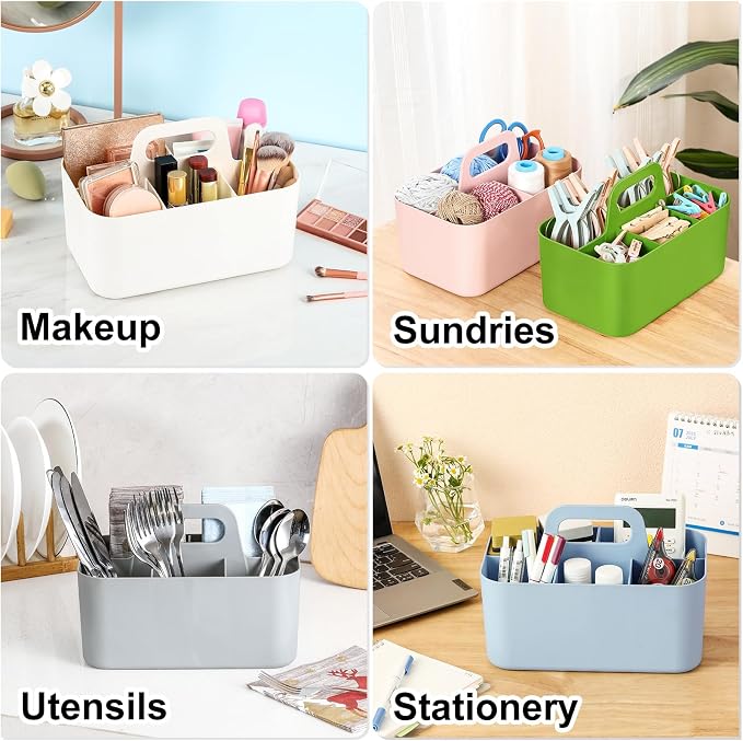 Multiuse Caddy Organizer with Handle, Portable Divided Plastic Tote Bin - Art Craft, Stationary Pen Marker Crayons, Makeup Hair Supplies Storage - Bathroom, Classroom, Dorm, Office, Desk Holder -Green