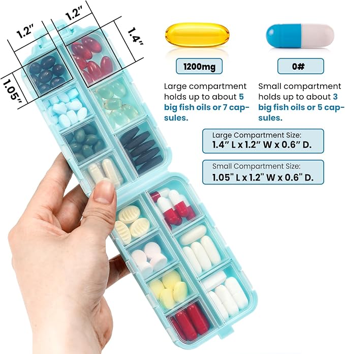 14 GRIDS Travel Pill Organizer Box with Labels - Travel Medicine Case Kit - Pocket Daily Pharmacy Container - Travel Medication Holder Dispenser for Fish Oil Vitamin Supplement Storage - Sky Blue