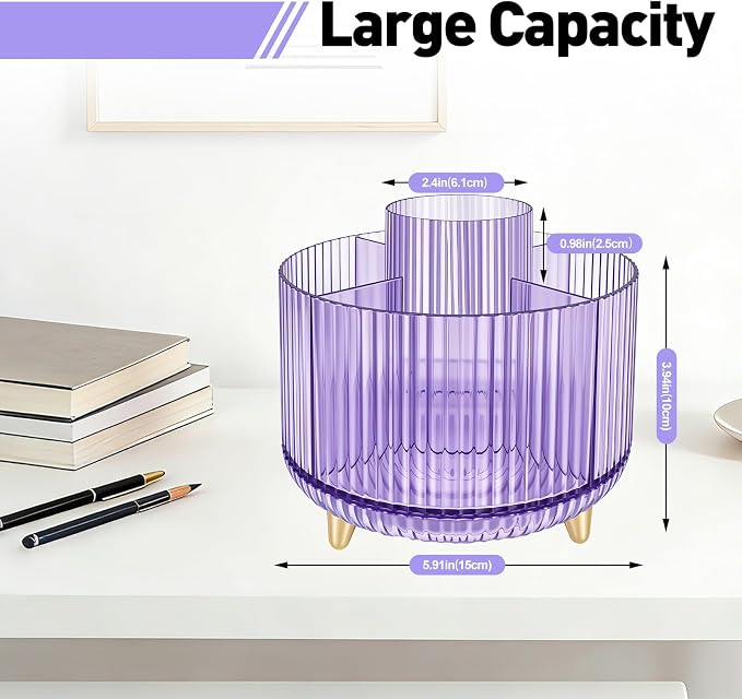 360 Rotating Pen Pencil Holder for Desk, Pen Organizer with 5 Slots | Makeup Brush Holder, Desk Organizer and Accessories, Cute Pencil Cup Caddy for Office School Home Decor Art Supply (Purple)