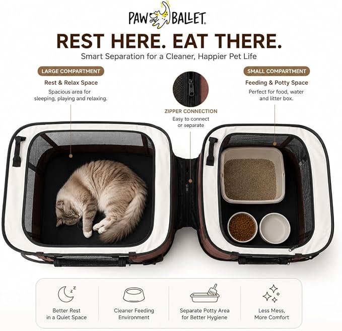 Paw Ballet 2-in-1 Dual-Zone Pet Playpen for Cats & Small Dogs, Portable Indoor Outdoor Pet Enclosure with Connected Rest & Feeding Areas, Foldable Pet Tent with Carrying Bag