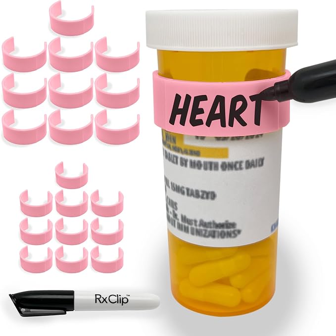 20 Pack Medicine Bottle Label Clips for Easy Medication Identification - 20ct Multipack with Marker (Pink)