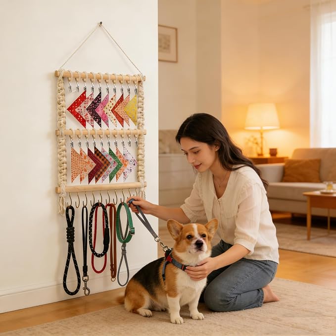 Dog Bandana Holder- Wall Hanging Dog Leash Holder Macrame Pet Accessory Organizer & Decor Hanging Headband Holder,Dog Collar Display (White)