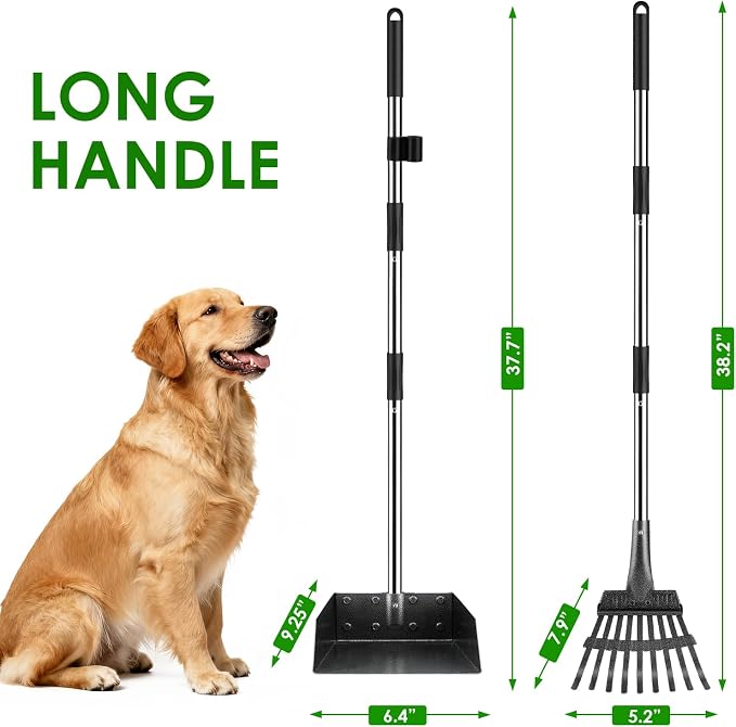 Pooper Scooper, Long Handle Pet Supplies with Stainless Metal Tray and Rake | Fits Multiple Pets,Stainless Steel, Rust-Proof, 38.5" Extended Reach, for Grass Dirt Gravel, Heavy Duty, No Bending