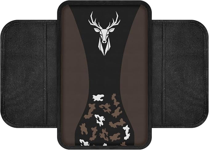 Howilath Brown Camo Deer Arm Rest Cover for Car Soft Non-Slip Console Pad | Machine Washable, with 2 Side Storage Bags, Fits Suv, Truck, Van, and Sedan