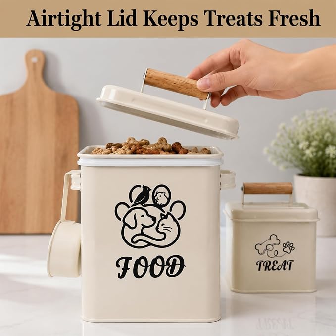 Airtight Dog Treat Container Set of 2 | Iron jars, 26 cup capacity, food-grade coated, includes 1 scoops, keeps treats fresh, fits kibble & biscuits, white
