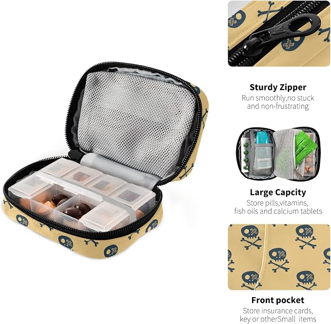 Skulls and Bones Pill Box 7 Day Pill Case Travel Pill Organizer Bag with Zipper Portable Weekly Case Compact Size for Vitamin Supplement Holder