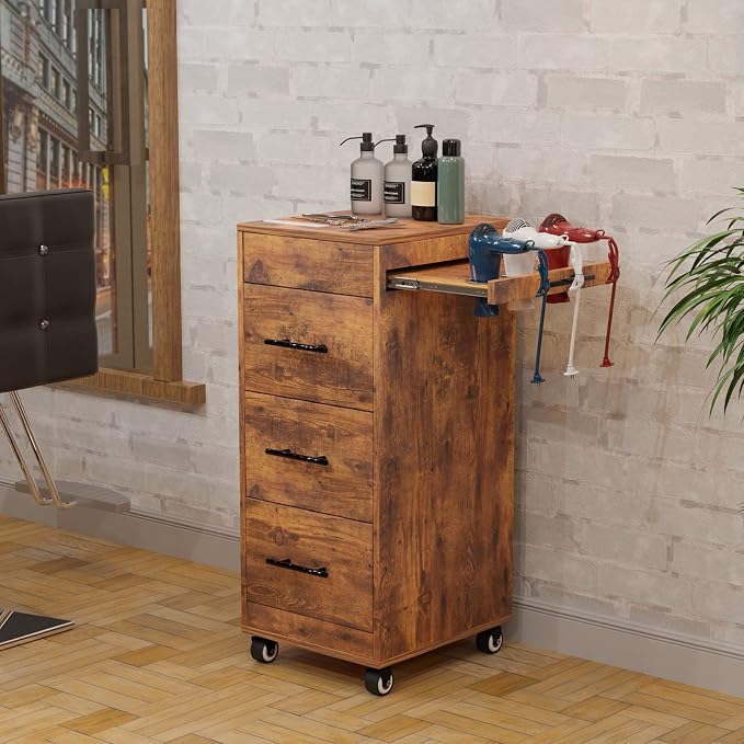Salon Trolley Cart with Wheels, 3-Drawer Rolling Hair Styling Station, Mobile Beauty Trolley with Hot Tools Holder, Storage for Salon, Barbershop, Spa & Tattoo, Rustic Brown