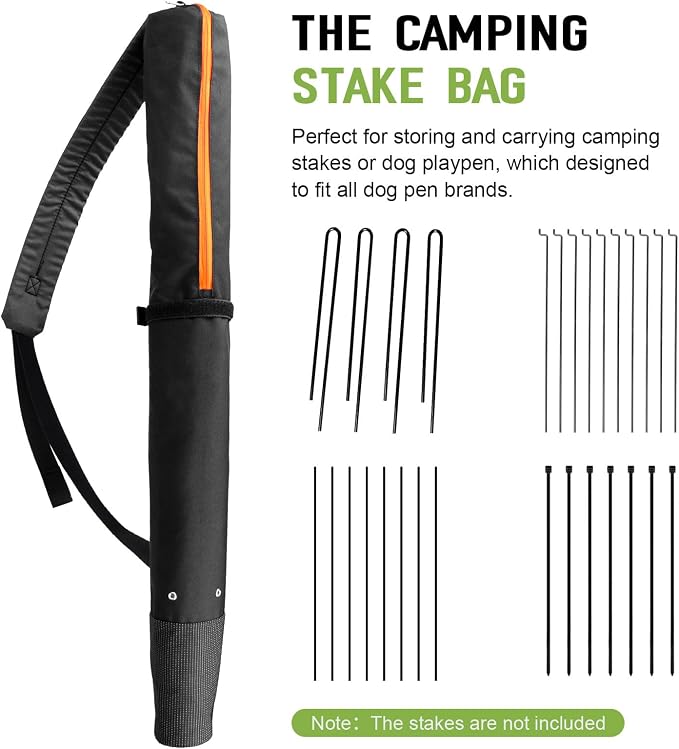 Stakes Storage Bag, Dog Playpen Stake Bag 35" Suitable for All Dog Pen, Waterproof Heavy Duty Tent Stakes Organizer for Storing and Carrying Outdoor Activities, Black, 1 Pack