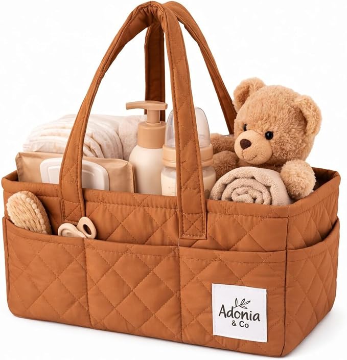 Adonia & Co Diaper Caddy Organizer – Baby Essentials Organizer, Large Nursery Storage Basket with Removable Divider, 8 Exterior Pockets, Portable, Machine Washable, Structured Design, Brown