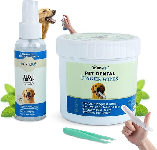 Pet Dental Finger Wipes for Dogs & Cats – 50 Mint Flavor Dog Dental Wipes + Mint Fresh Breath Spray, Dog Tooth Brushing Kit, Helps Remove Bad Breath & Plaque & Tartar Buildup