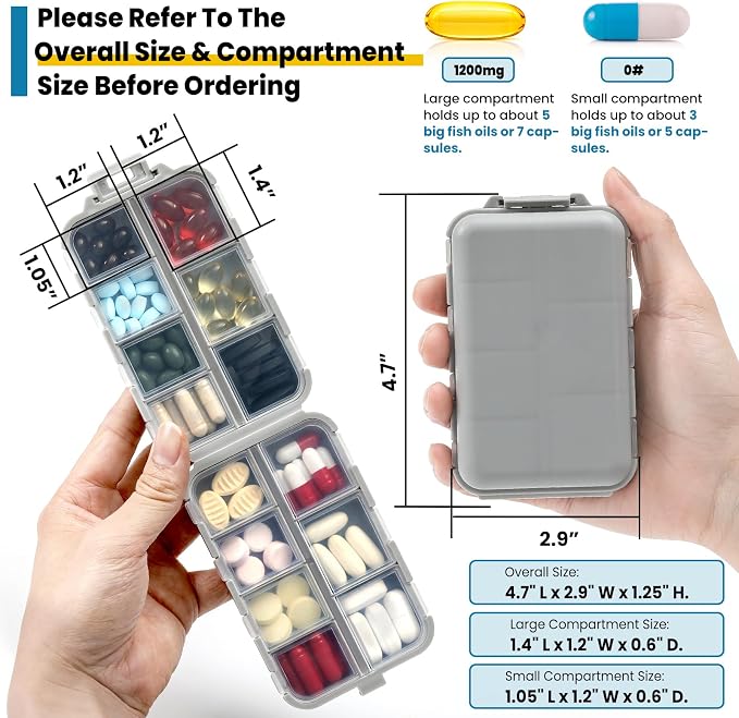 14 Grids Travel Pill Organizer Box with 415-Pcs Medicine Name Labels - Pocket Daily Pharmacy Case Container - Travel Medication Holder Dispenser Kit for Fish Oil Vitamin Supplement Storage - Grey
