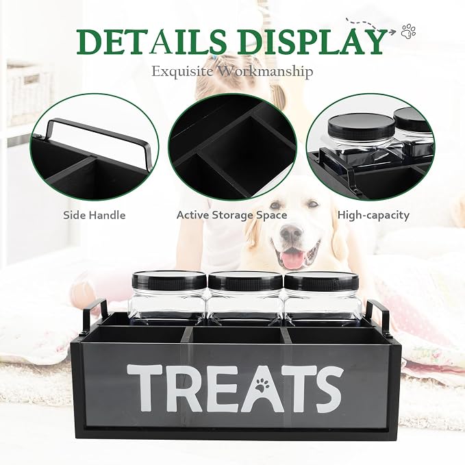 Dog Treat Container for Countertop, Pet Treat Storage Organizer with 3 Jars and Compartments, Cat Food Container with Handle, Dog Treat Organizer Bin