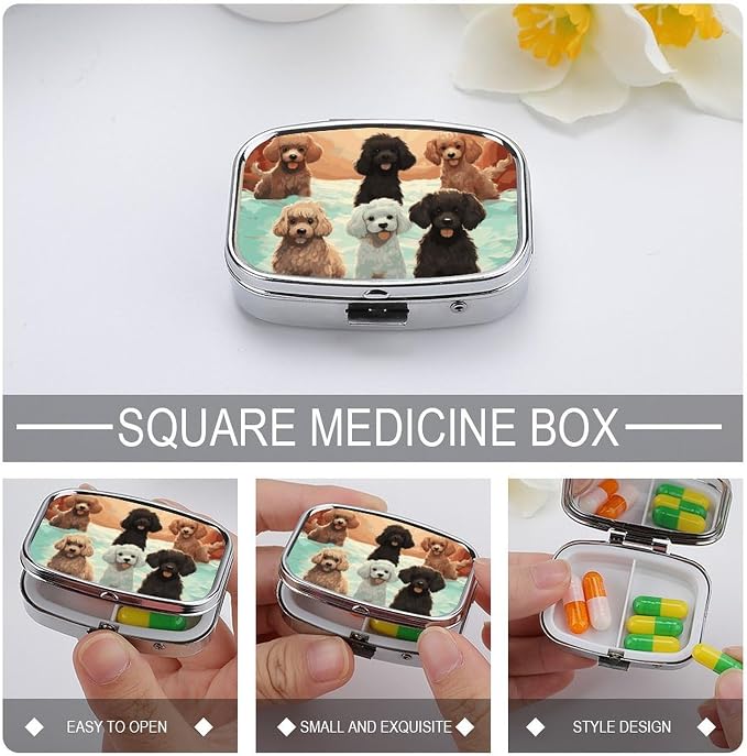 Poodles Dogs Pill Organizer Cute Pill Box Decorative Metal Pill Case Portable Vitamin Organizer Travel Medicine Holder Mini Pill Storage Container for Purse