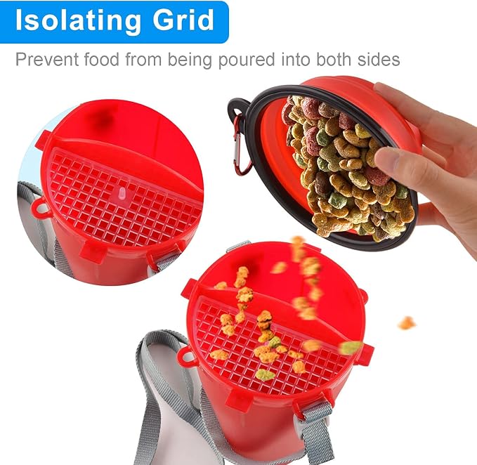 Dog Travel Water Bottle Collapsible Bowls, 2 in 1 Pet Food Container with Collapse Bowls, Outdoor Portable Water Bowls for Walking, Traveling, Camping and Hiking (Red)