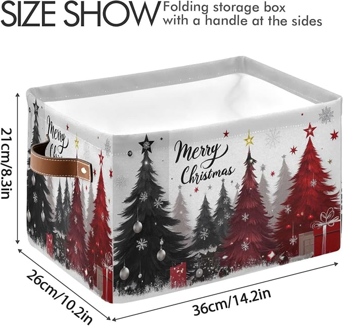 Christmas Tree Storage Basket with Waterproof Liner and PU Handles Xmas Winter Gray Black Red Snowflake Storage Bins Boxes 14.2" Collapsible Decorative Baskets for Bedroom Closet Office 1 Pack