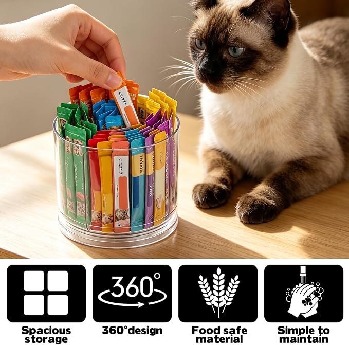 Lickable Cat Treats Organizer, Rotatable Acrylic Squeeze Up Cat Food Storage Container with 5-compartment Storage for Pet Treats, Wet Cat Treats Storage for Kitchen Cabinet Pantry Shelf Countertop