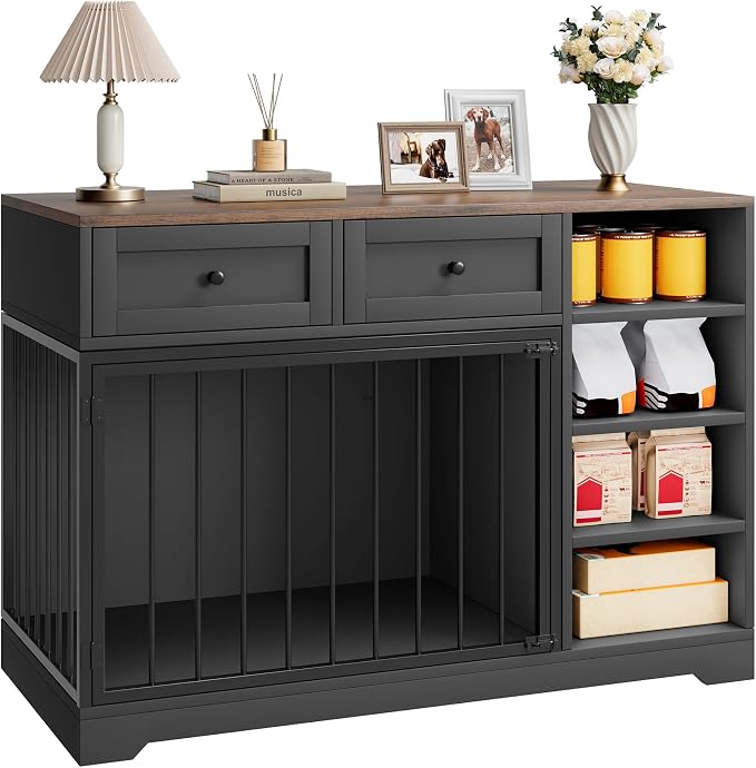 GarveeHome 47" Medium Dog Crate Furniture with Storage, Black | Dog Crate TV Stand with 2 Drawers and 4 Open Shelves, Wooden Decorative Dog Kennel Indoor