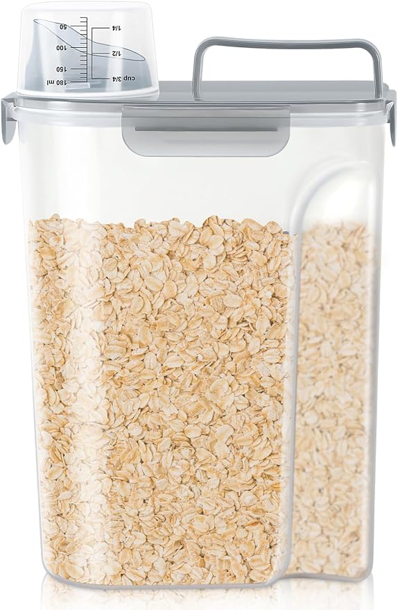 TBMax Rice Container 10 Lbs, Cereal Container Oatmeal Storage, Airtight Food Dispenser with Pouring Spout & Cup for Flour Grain Beans, Pet Dog Cat Food Storage Container-Translucent Grey